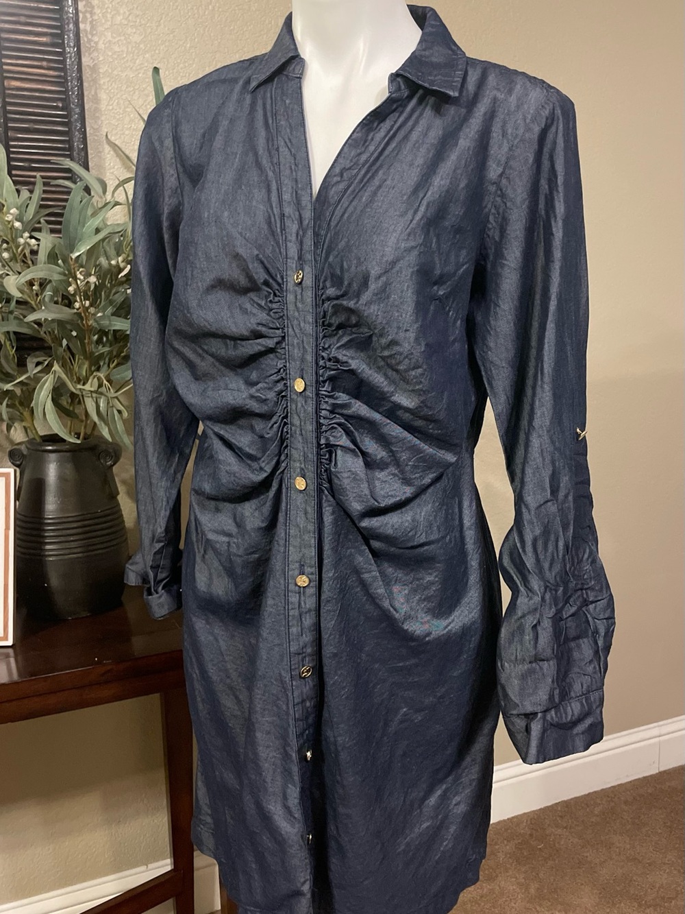 MICHAEL Michael Kors Navy Ruched Button-Front Jean Jacket